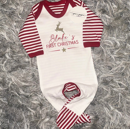 Personalised First Christmas Red & White Stripe Baby Grow