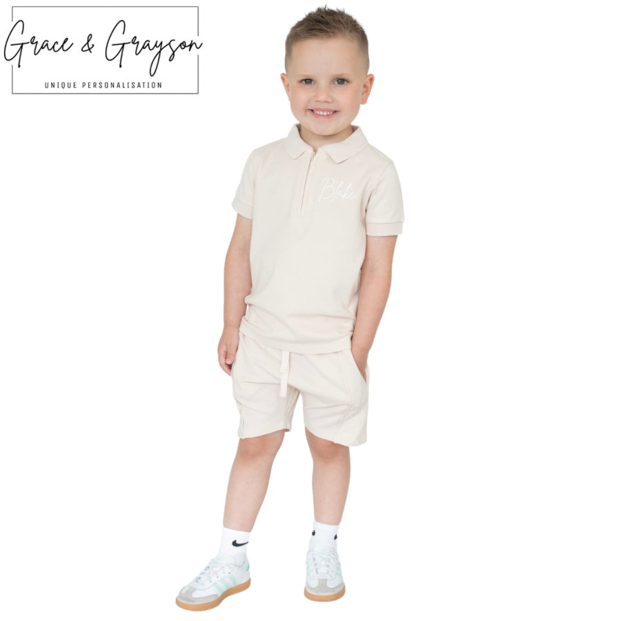 Nude Zip Neck Polo Shirt & Short Set