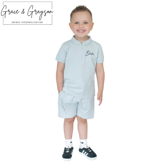 Pebble Grey Zip Neck Polo Shirt & Short Set