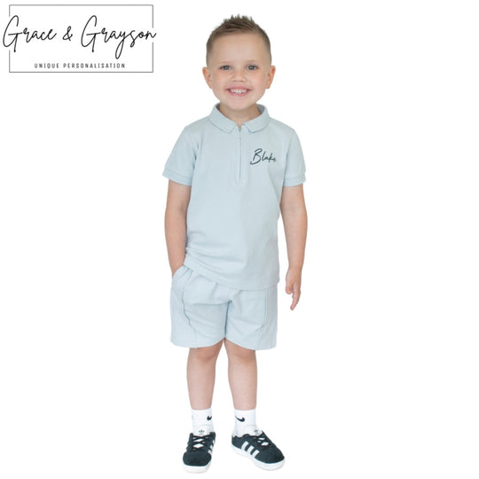 Pebble Grey Zip Neck Polo Shirt & Short Set