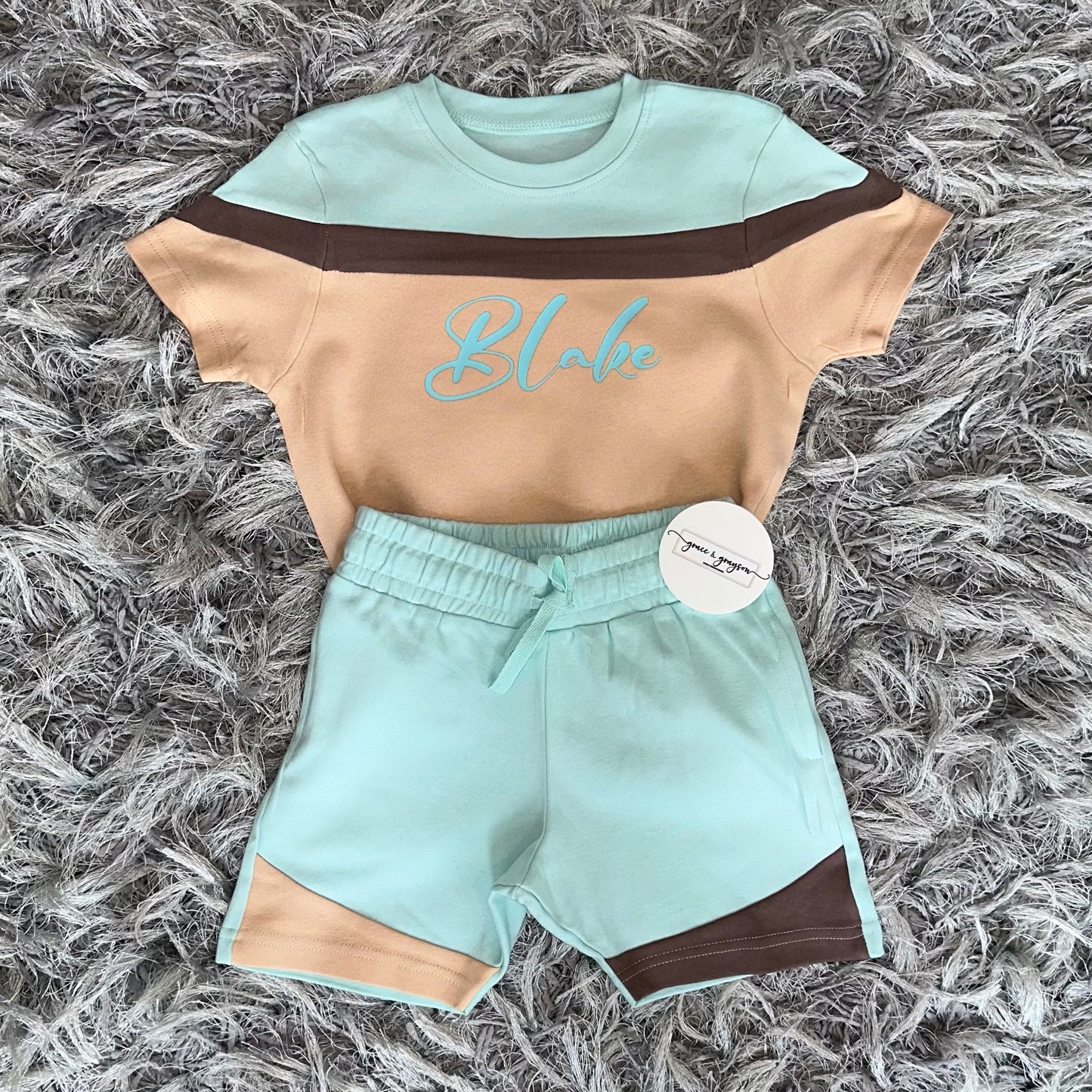 Turquoise Blue & Sand Mix Shorts & T-Shirt Set