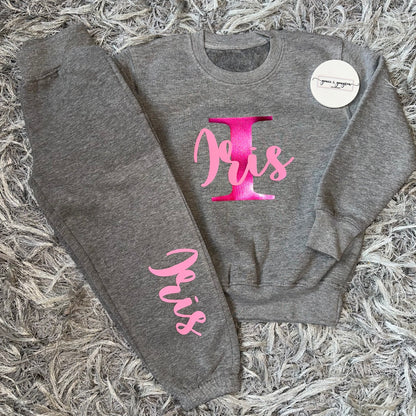 Girls Grey Personalised Name & Initial Tracksuit