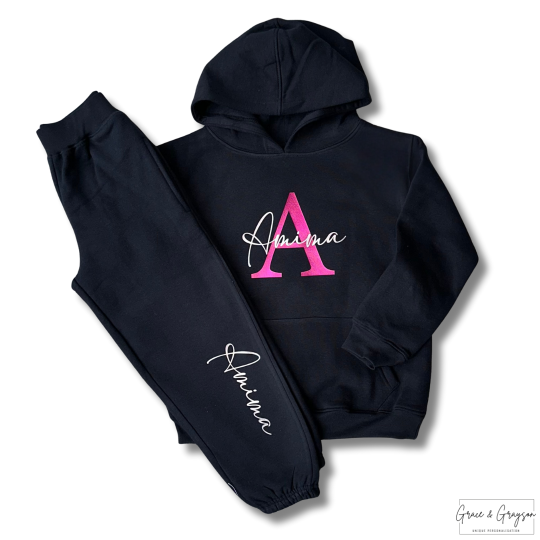 Personalised Girls Black Name & Initial Hoodie Tracksuit 