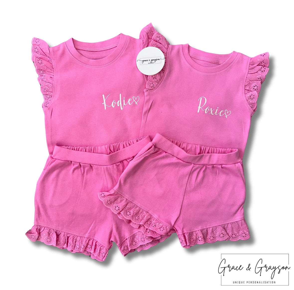 Girls Personalised Pink Frilly Shorts & T-Shirt Set