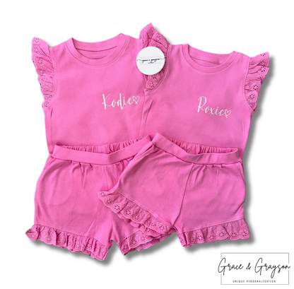 Girls Personalised Pink Frilly Shorts & T-Shirt Set