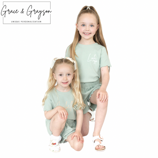 Girls Personalised Sage Green Ribbed Shorts & T-Shirt Set