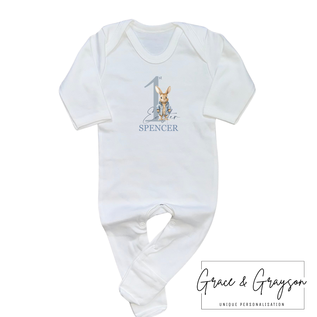 Personalised Blue Bunny 1st Easter Baby Grow