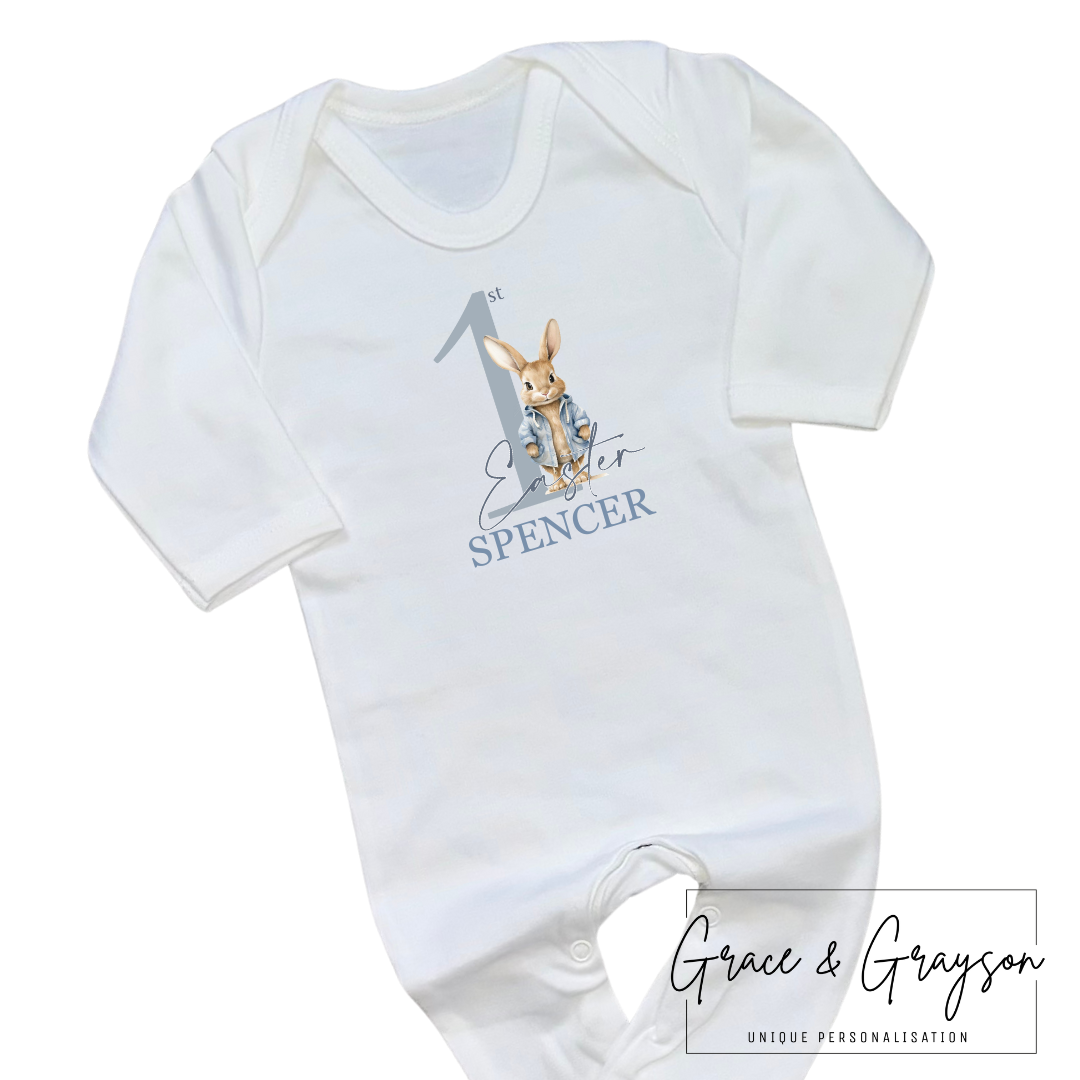 Personalised Blue Bunny 1st Easter Baby Grow