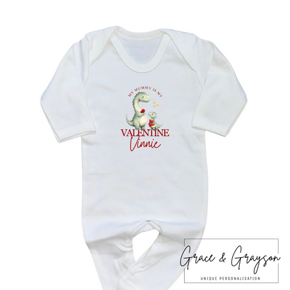 Personalised Mummy Is My Valentine Dinosaur Baby Grow