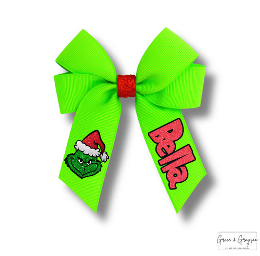 Green & Red Grinch Personalised Hair Bow