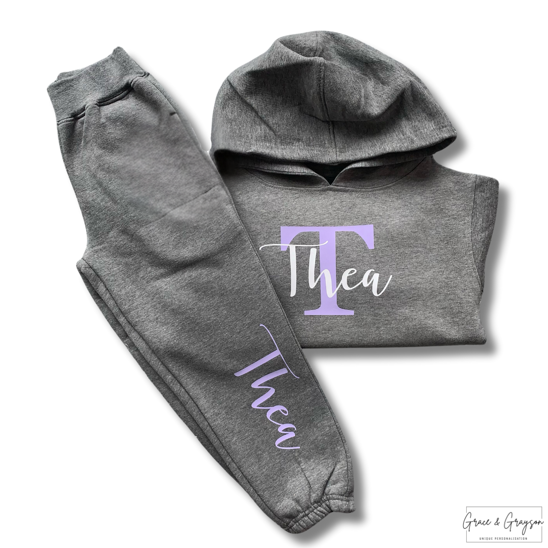 Personalised Grey Name & Initial Hoodie Tracksuit 