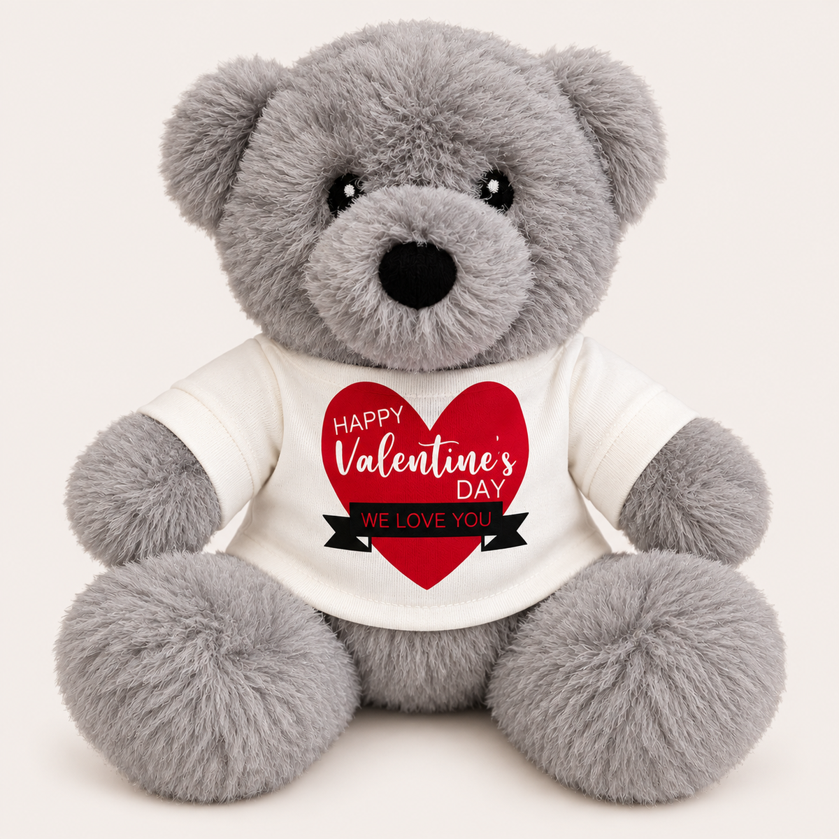 Grey Valentine’s Day mini teddy bear wearing a white t-shirt with a red heart design and “Happy Valentine’s Day” and “We Love You” messages, Grace & Grayson