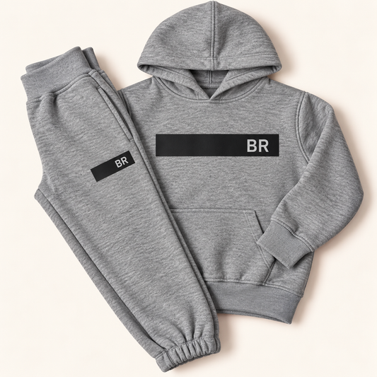 Grey marl personalised name bar hoodie and joggers with a black name bar on the chest and jogger pocket, Grace & Grayson