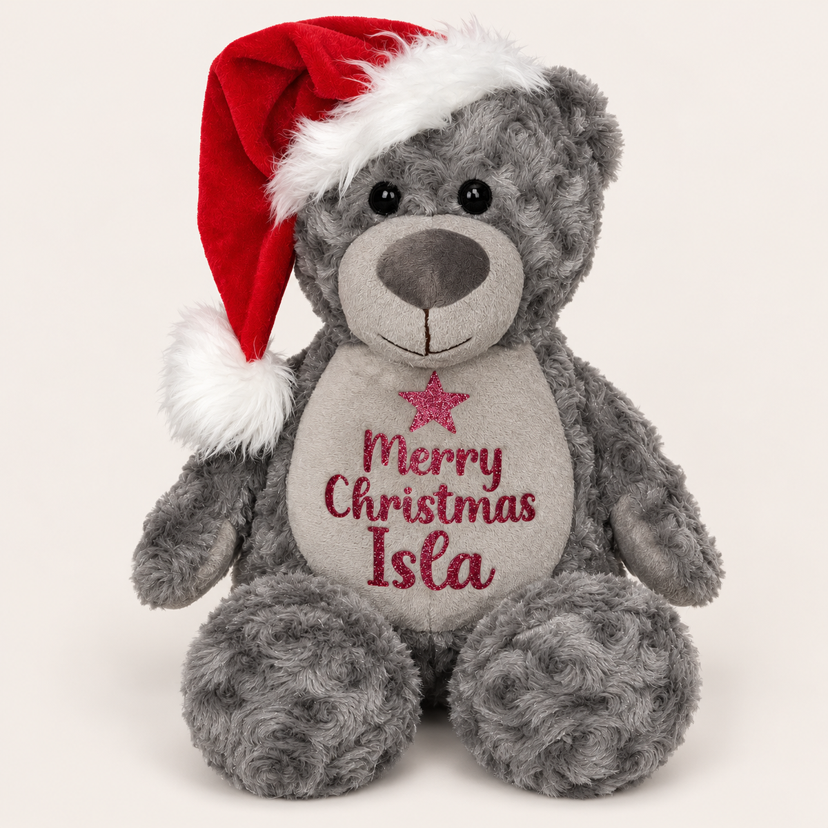 Grey personalised Christmas teddy bear wearing a Santa hat with a Merry Christmas design, displayed on a light background, Grace & Grayson