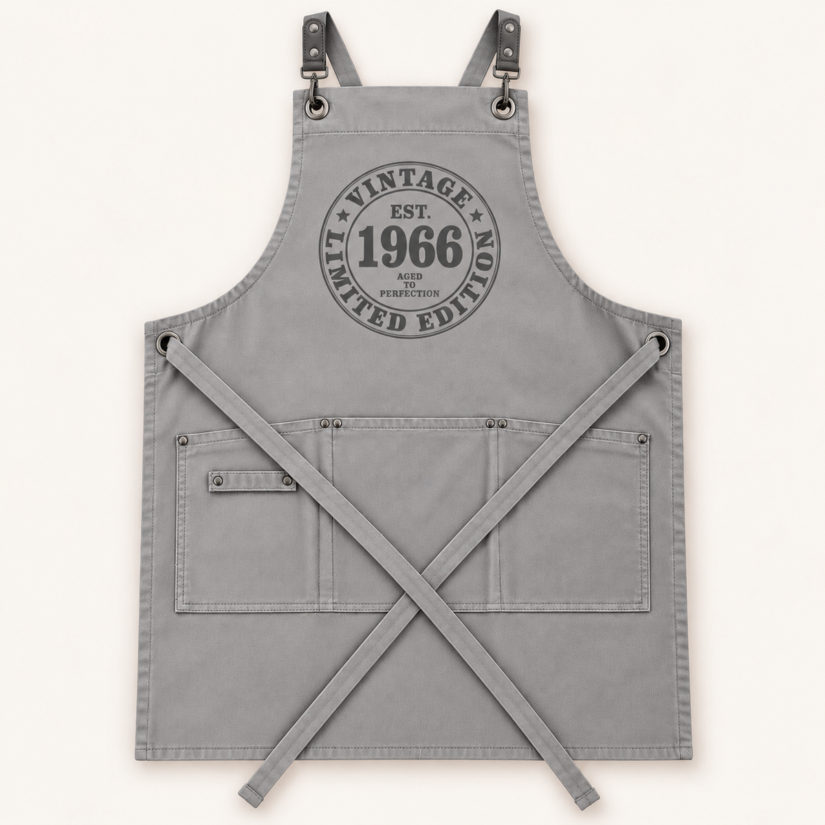 Grey personalised Vintage Limited Edition apron with a Vintage 1966 year design and front pockets, Grace & Grayson