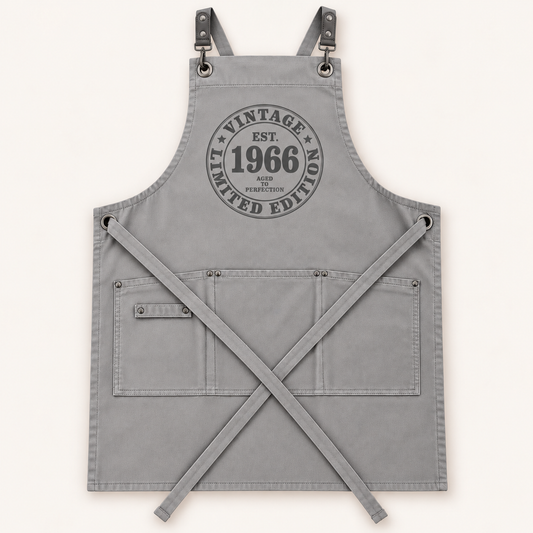 Grey personalised Vintage Limited Edition apron with a Vintage 1966 year design and front pockets, Grace & Grayson