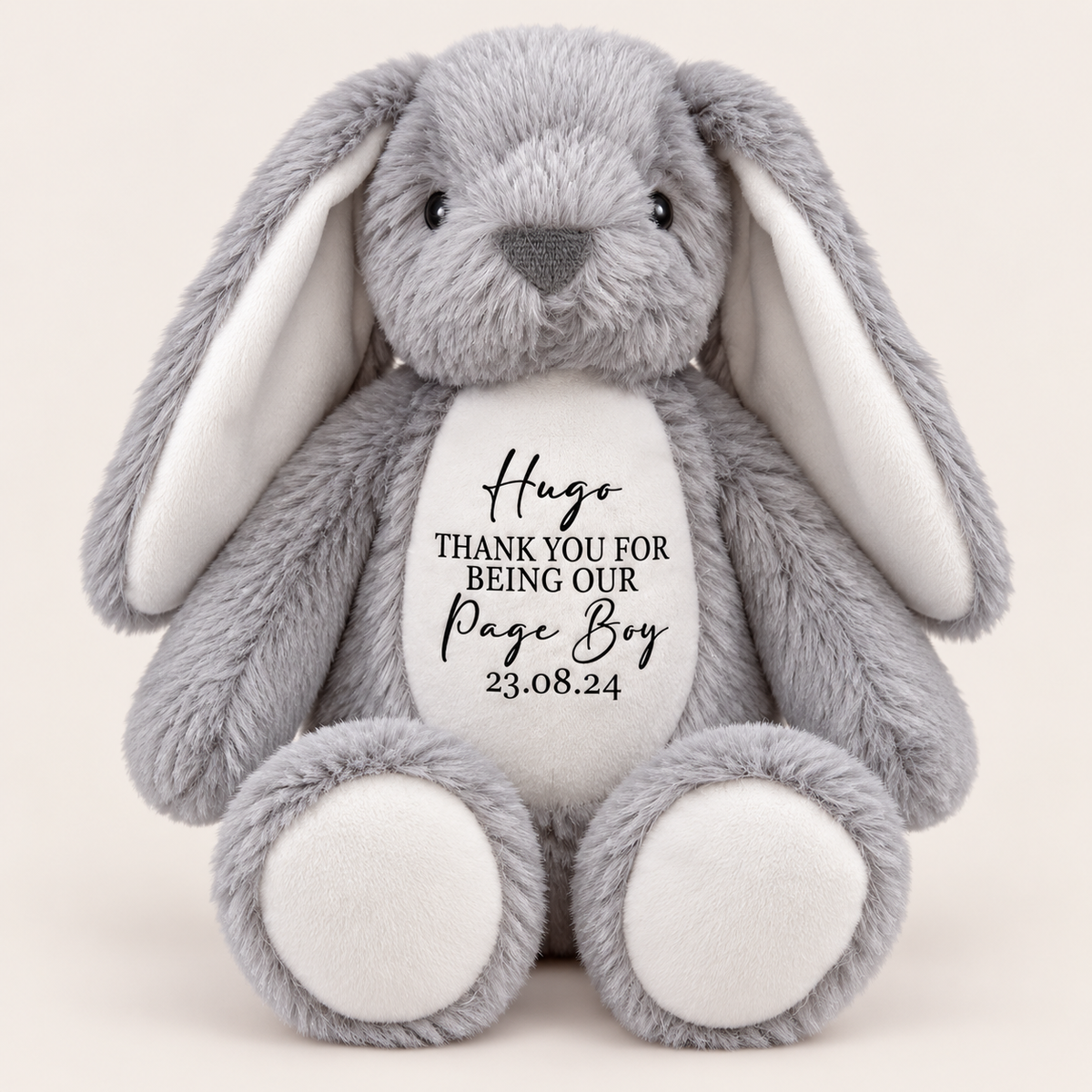 Grey personalised page boy bunny teddy featuring a thank-you message and date on its belly, Grace & Grayson