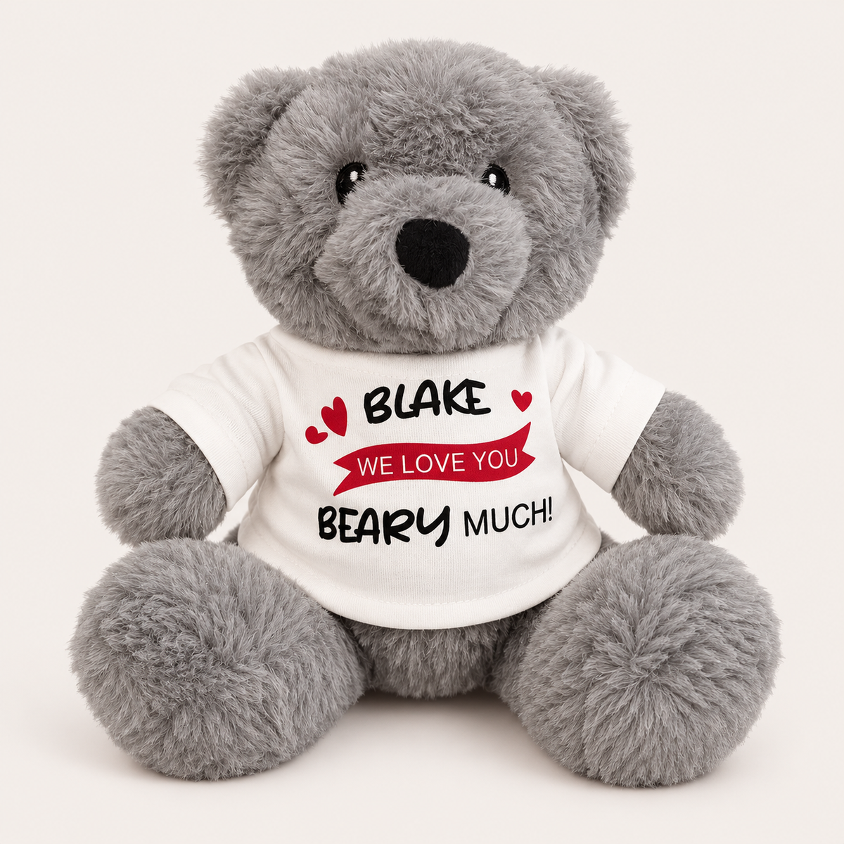 Grey personalised teddy bear wearing a white t-shirt with red heart details and a “We Love You Beary Much” message, Grace & Grayson