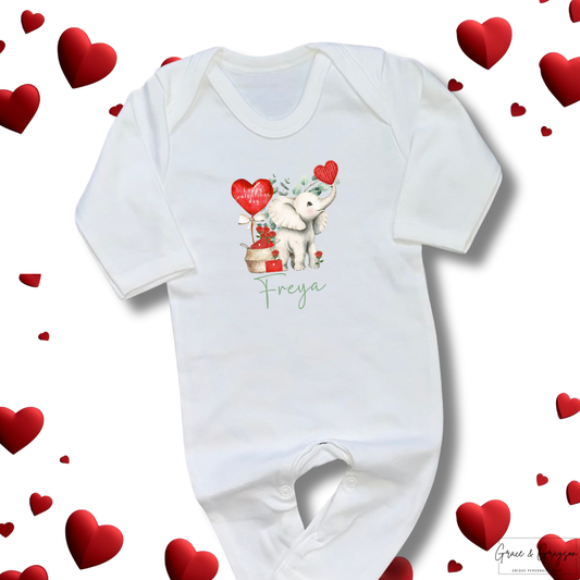 Personalised Happy Valentines Day Elephant Baby Grow