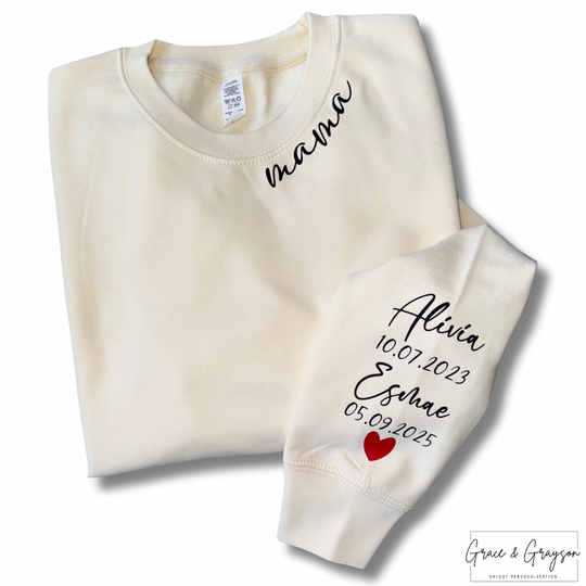 Adults Personalised Mama Wears Heart On Sleeve Sweatshirt