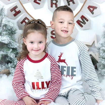 Family Matching Bold Name Believes Red Stripe Christmas Pyjamas