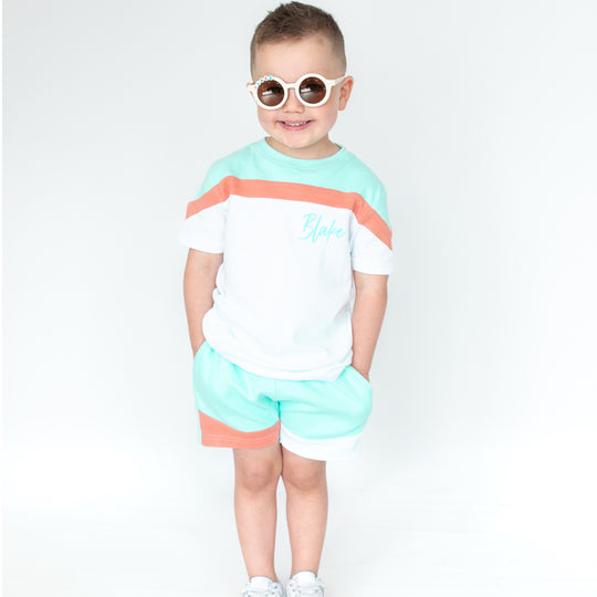 Turquoise Blue & White Mix Shorts & T-Shirt Set