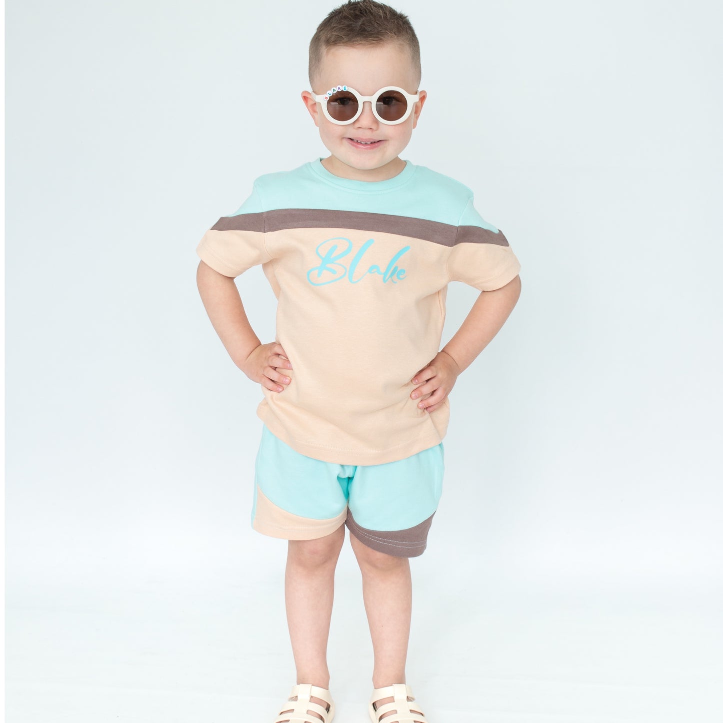 Turquoise Blue & Sand Mix Shorts & T-Shirt Set
