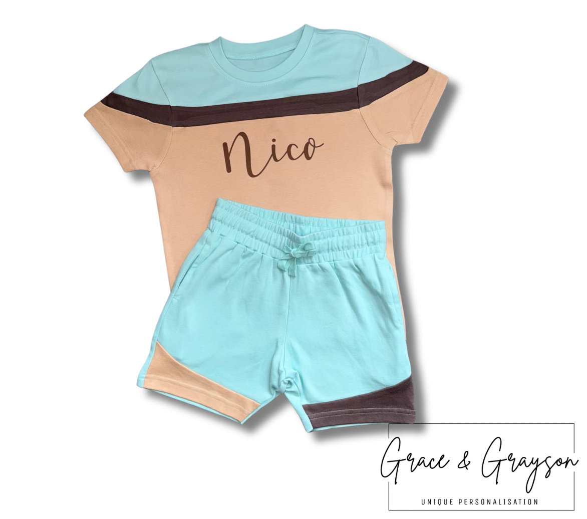 Turquoise Blue & Sand Mix Shorts & T-Shirt Set