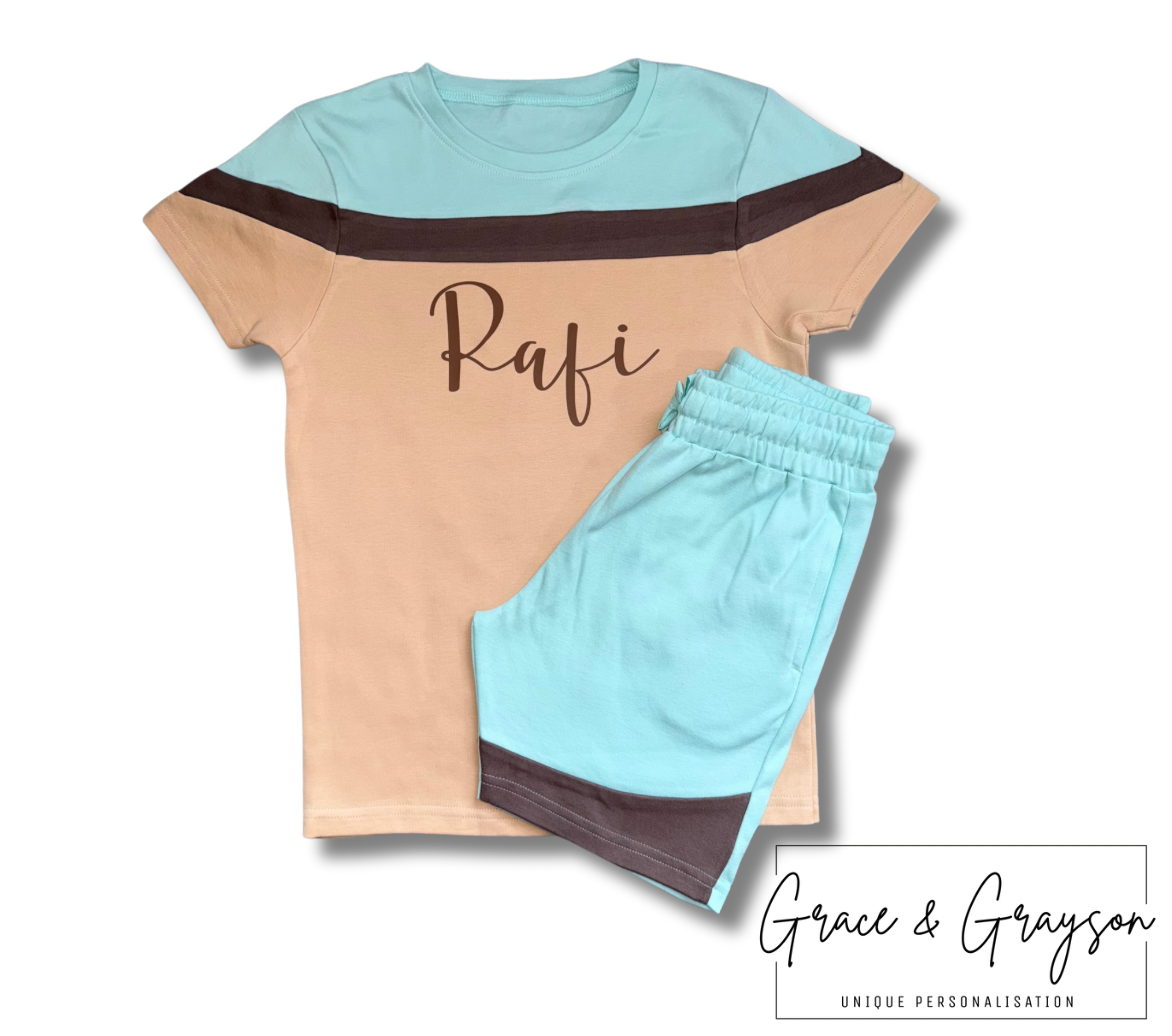 Turquoise Blue & Sand Mix Shorts & T-Shirt Set