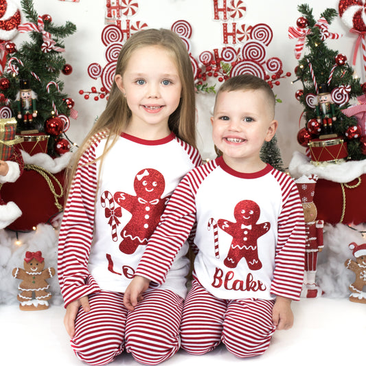 Personalised Candy Cane Gingerbread man Red Stripe Christmas Pyjamas