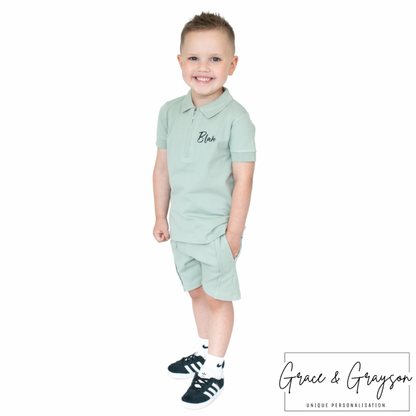 Sage Green Zip Neck Polo Shirt & Short Set