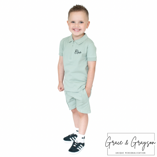 Sage Green Zip Neck Polo Shirt & Short Set