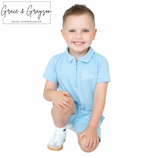 Baby Blue Zip Neck Polo Shirt & Short Set