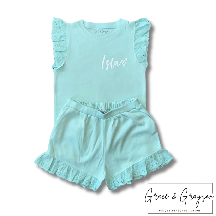 Turquoise Broderie Frill Shorts & T-Shirt Set