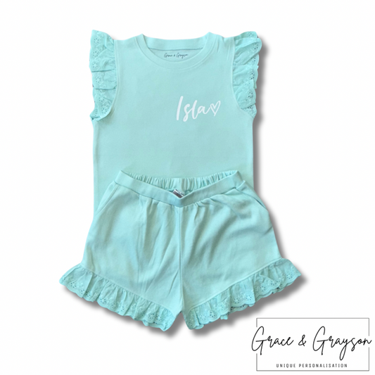 Personalised Turquoise Broderie Frill Shorts & T-Shirt Set