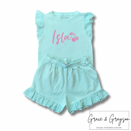 Personalised Cherry Broderie Frill Shorts & T-Shirt Set