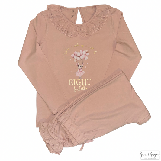 Personalised When I Wake Up Pink Balloon Bunny Birthday Frill Pyjamas