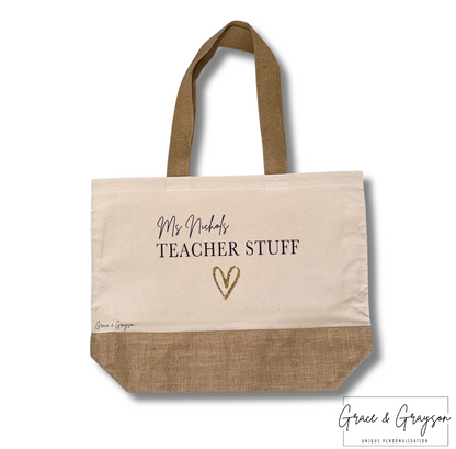 Glitter Heart Teacher Stuff Jute Bag