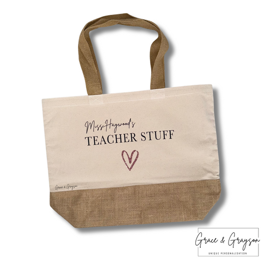 Glitter Heart Teacher Stuff Jute Bag
