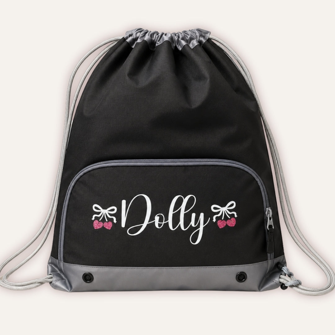 Kids Personalised Create Your Own Swimming Bag - black drawstring bag with custom name and cherry bow design by Grace & Grayson