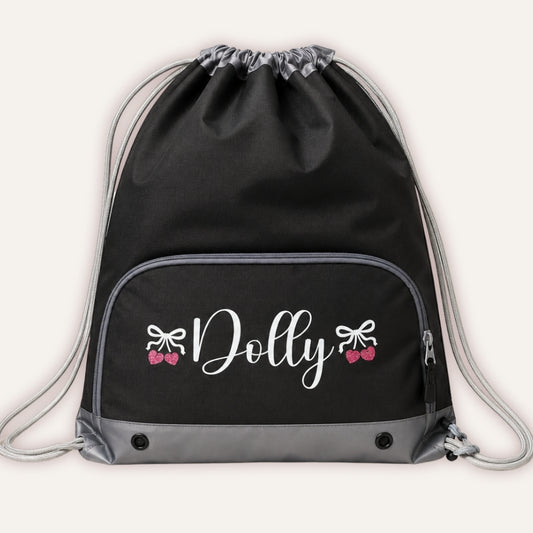 Kids Personalised Create Your Own Swimming Bag - black drawstring bag with custom name and cherry bow design by Grace & Grayson