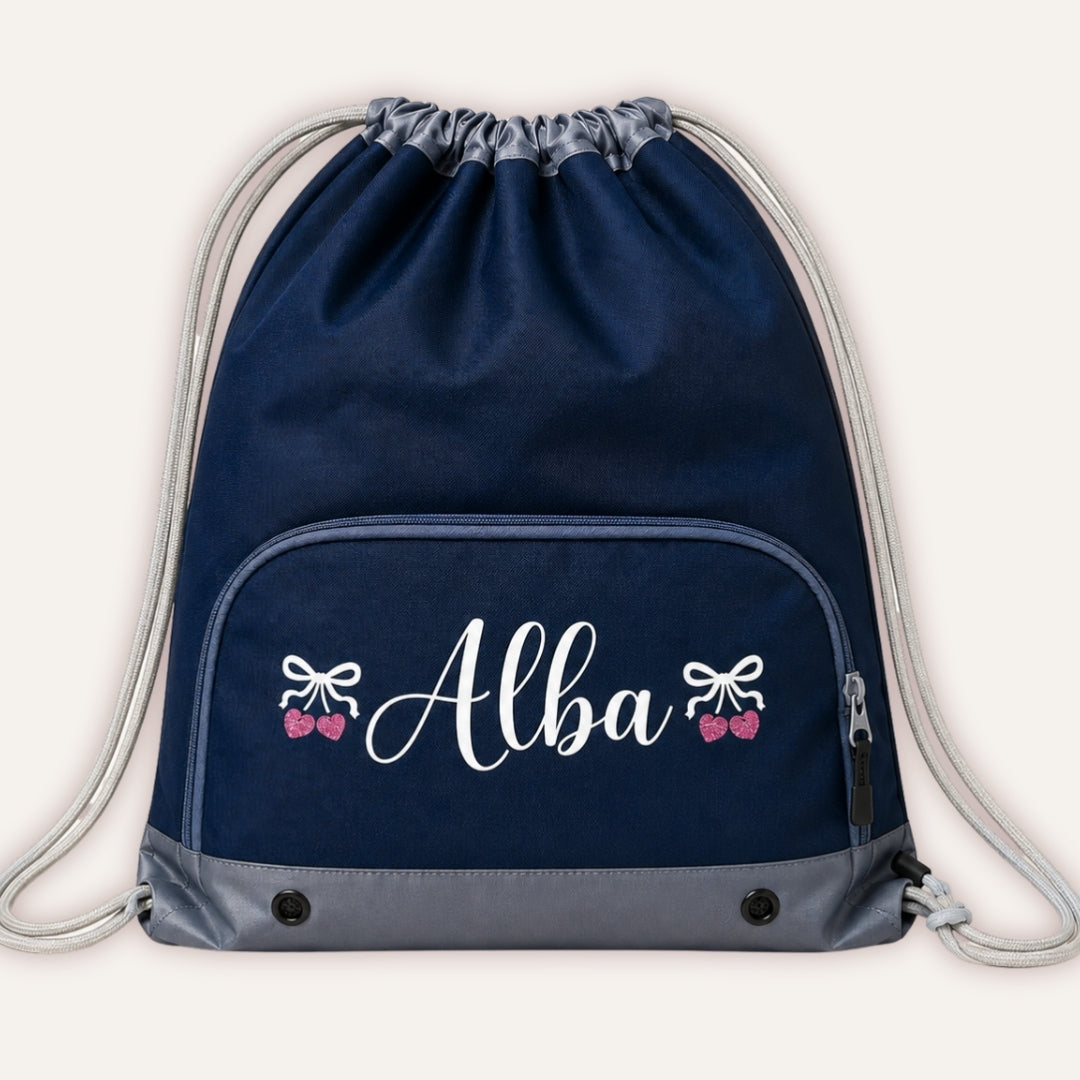 Kids Personalised Create Your Own Swimming Bag - navy drawstring bag with custom name and cherry bow design by Grace & Grayson