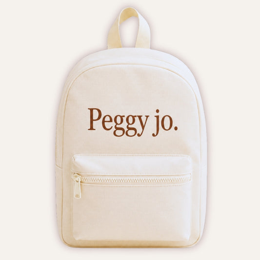 Kids Personalised Neutral Backpack - cream backpack with custom name in brown font by Grace & Grayson