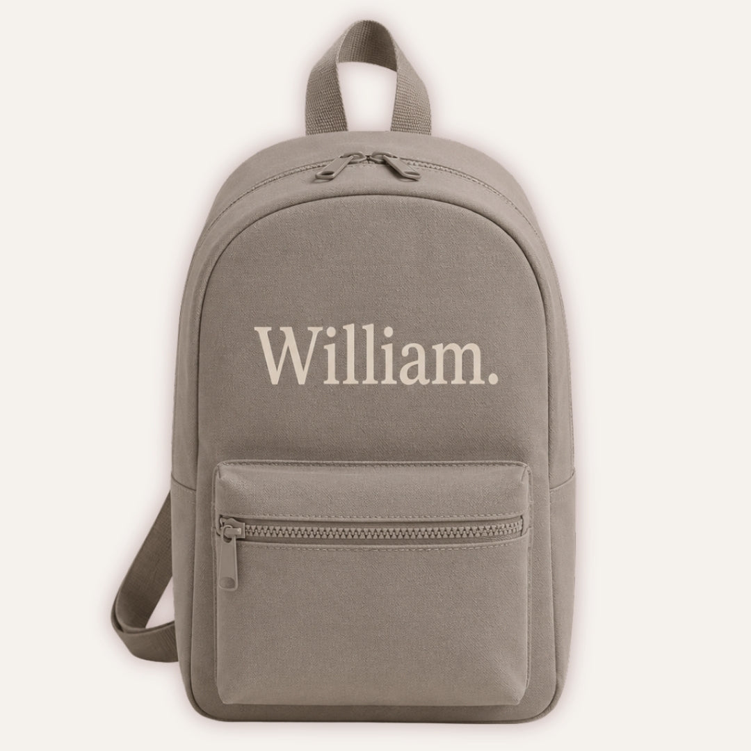 Kids Personalised Neutral Backpack - mushroom backpack with custom name in cream font by Grace & Grayson