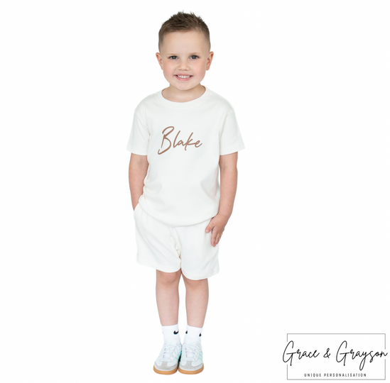 Kids Personalised Oat Shorts & T-Shirt Set