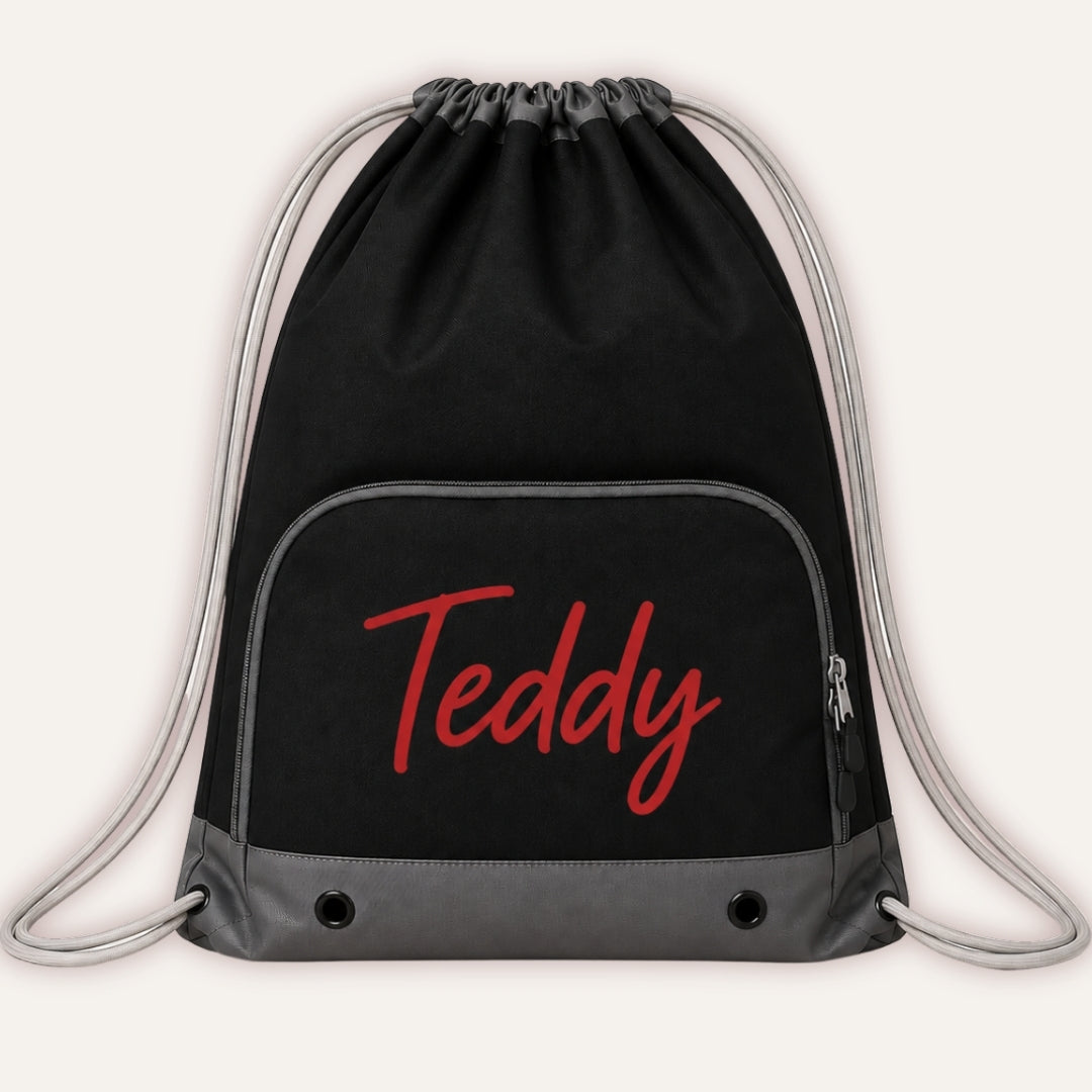 Kids Personalised Swimming Bag - black drawstring bag with custom name in red by Grace & Grayson
