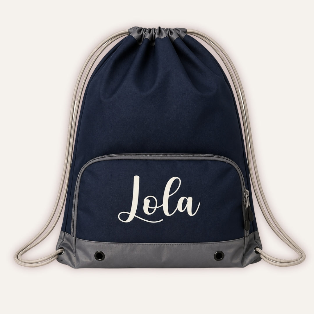 Kids Personalised Swimming Bag - navy drawstring bag with custom name in white by Grace & Grayson