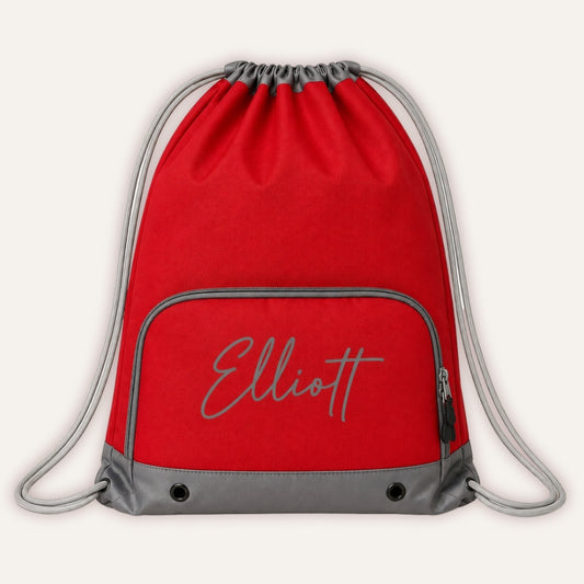 Kids Personalised Swimming Bag - red drawstring bag with custom name in grey by Grace & Grayson