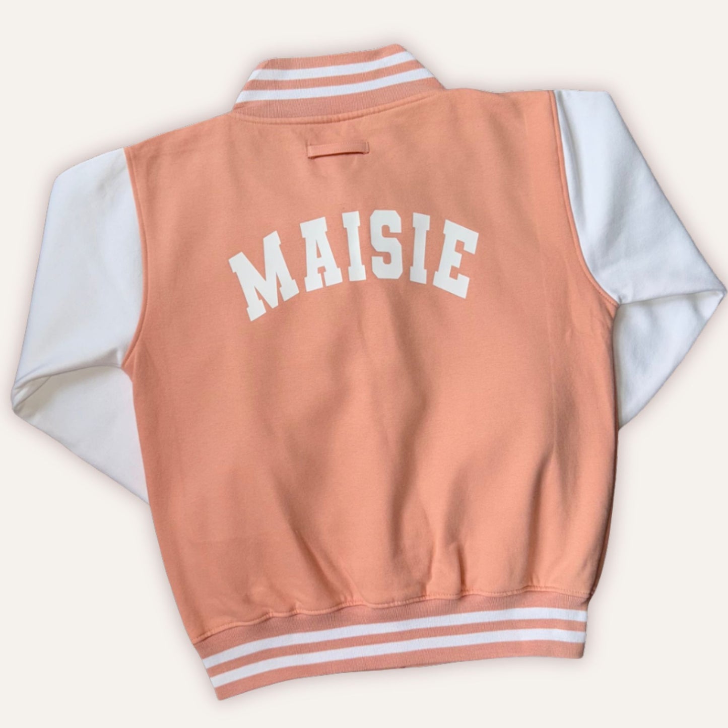 Kids personalised varsity jacket in dusty pink and white