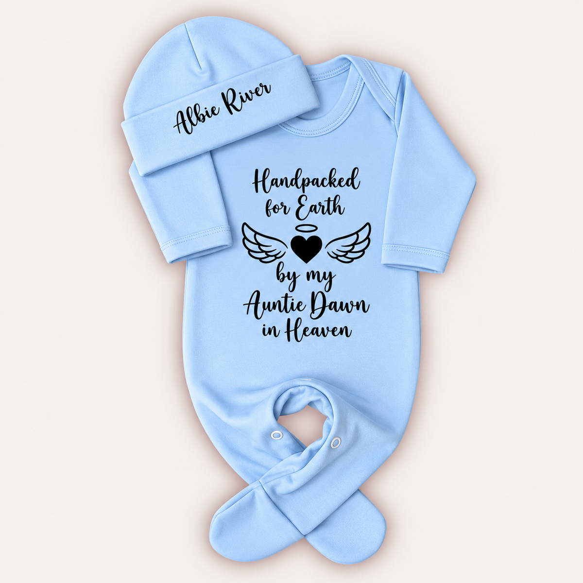 Light blue personalised Handpicked For Earth baby grow and matching hat with blue angel wings and heart memorial design